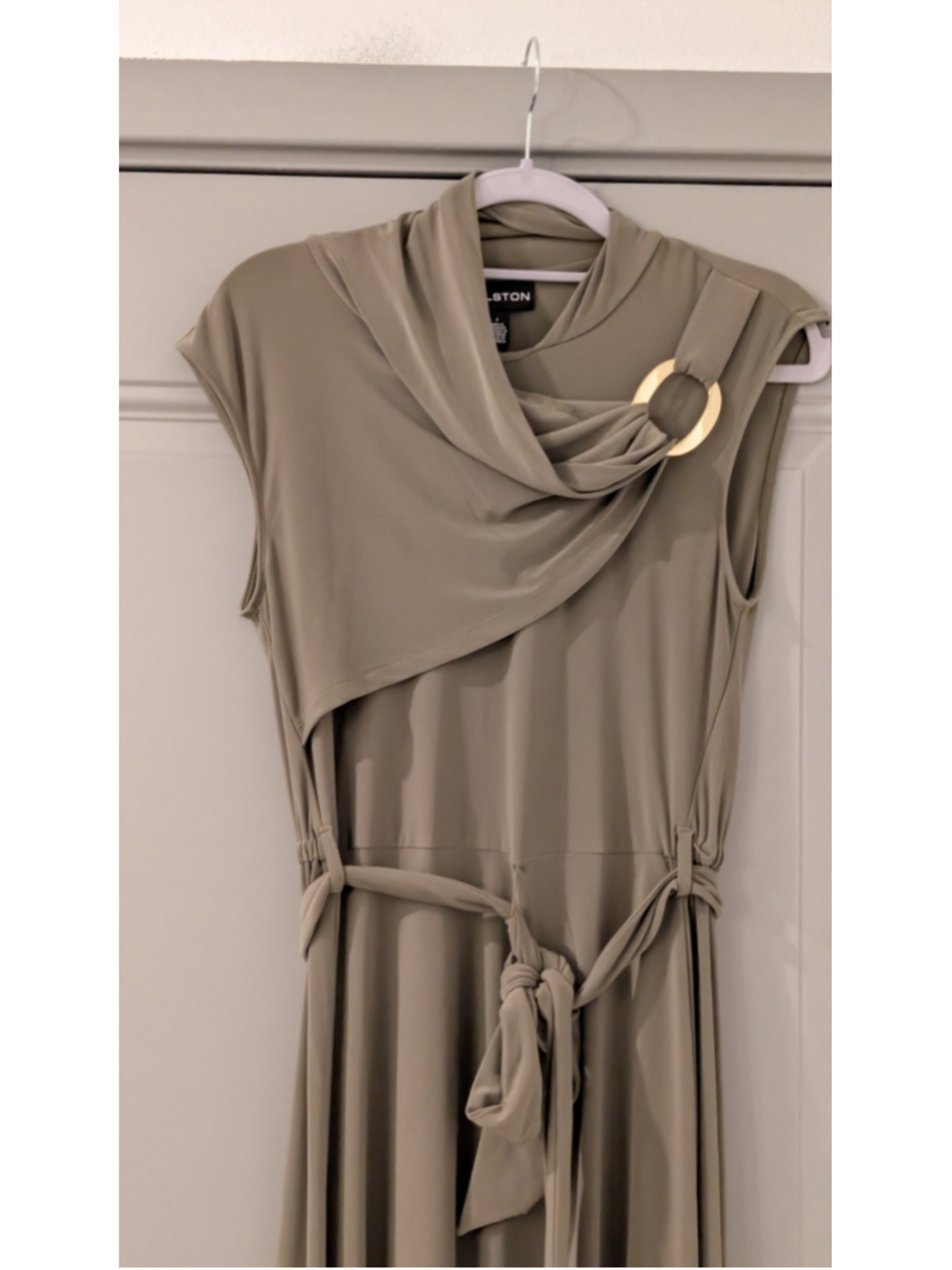 NWT Halston Sage Draped Gold Ring Belted Midi Maxi Dress Size 4 $134 - Picture 5 of 11